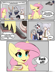 Size: 3069x3980 | Tagged: safe, artist:skitsroom, imported from derpibooru, fluttershy, anthro, hellhound, human, pegasus, pony, rabbit, animal, anime, beanbrows, cup, elf ears, eye clipping through hair, eyebrows, floppy ears, frieren, frieren: beyond journey's end, furry, gun, handgun, helluva boss, judy hopps, loona (helluva boss), open mouth, open smile, out of character, smiling, snatch (movie), speech bubble, teacup, vulgar, weapon, wing hands, wings, zootopia
