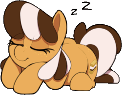 Size: 674x529 | Tagged: safe, artist:thebatfang, oc, oc:s'mare, earth pony, food pony, original species, pony, animated, eyes closed, female, food, freckles, gif, mare, onomatopoeia, ponified, prone, simple background, sleeping, smiling, solo, sound effects, transparent background, zzz