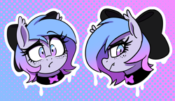 Size: 1618x931 | Tagged: safe, artist:thebatfang, oc, oc:lucky roll, bat pony, pony, alternate design, alternate hairstyle, bow, bust, emo, female, freckles, frown, gradient background, hair bow, makeup, mare, portrait, solo