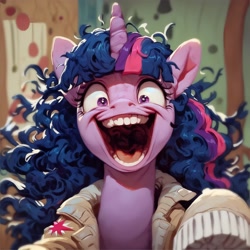 Size: 2048x2048 | Tagged: safe, imported from derpibooru, twilight sparkle, pony, unicorn, ai content, ai generated, clothes, generator:purplesmart.ai, generator:stable diffusion, horn, jacket, mawshot, messy mane, open mouth, prompter:enterusxrname, smiling, solo, twilight snapple