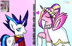 Size: 2065x1323 | Tagged: safe, artist:magicalmilo!, imported from derpibooru, princess cadance, alicorn, pony, unicorn, clothes, dress, duo, female, horn, jewelry, male, mare, meme, messy mane, ring, sash, spiky mane, stallion, the bride and the ugly ass groom, wedding dress, wedding ring