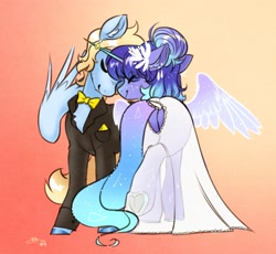 Size: 2415x2226 | Tagged: safe, artist:opalacorn, imported from derpibooru, oc, oc only, oc:asteria, oc:blue skies, pegasus, pony, unicorn, artificial wings, augmented, bowtie, butt, chest fluff, clothes, constellation hair, dress, duo, duo male and female, eyes closed, female, floppy ears, frog (hoof), gradient background, horn, horn ring, jewelry, magic, magic wings, male, mare, nuzzling, oc x oc, plot, pocket square, ring, see-through, shipping, smiling, stallion, straight, tuxedo, underhoof, wedding dress, wedding ring, wings