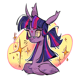 Size: 1080x1080 | Tagged: safe, artist:lagoartz, imported from derpibooru, twilight sparkle, alicorn, pony, alternate hairstyle, bags under eyes, big ears, big eyes, blue mane, bust, chest fluff, coat markings, colored pupils, colored sclera, curved horn, ear tufts, eye clipping through hair, eyebrows, eyebrows visible through hair, eyelashes, facial markings, female, folded wings, frown, glasses, horn, long horn, long neck, mare, multicolored mane, ponytail, portrait, purple coat, round glasses, simple background, slit pupils, solo, sparkles, star (coat marking), straight mane, tied mane, twilight sparkle (alicorn), unicorn horn, white background, wing fluff, wingding eyes, wings, yellow sclera