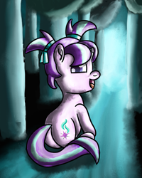 Size: 2400x3000 | Tagged: safe, artist:saburodaimando, imported from derpibooru, starlight glimmer, pony, unicorn, butt, female, filly, filly starlight glimmer, forest, glimmer glutes, high res, horn, looking at you, looking back, looking back at you, nature, open mouth, open smile, pigtails, plot, smiling, solo, tree, younger