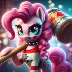 Size: 1024x1024 | Tagged: safe, imported from derpibooru, pinkie pie, pony, ai content, ai generated, crossover, dc comics, generator:dall-e 3, harley quinn, looking at you, makeup, mallet, smiling, smiling at you, solo