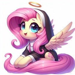 Size: 1024x1024 | Tagged: safe, imported from derpibooru, fluttershy, pegasus, pony, ai content, ai generated, cute, flutternun, generator:dall-e 3, halo, looking at you, nun outfit, open mouth, open smile, shyabetes, simple background, smiling, solo, spread wings, white background, wings