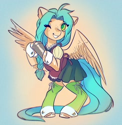 Size: 2007x2048 | Tagged: safe, artist:opalacorn, imported from derpibooru, oc, oc only, pegasus, pony, semi-anthro, bartender, bipedal, clothes, eye clipping through hair, female, gradient background, grin, mare, one eye closed, one wing out, skirt, smiling, solo, wings