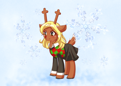 Size: 1052x744 | Tagged: safe, artist:chiefywiffy, imported from derpibooru, deer, deer pony, hybrid, original species, pony, clothes, deltarune, noelle holiday, ponified, skirt, solo, sweater