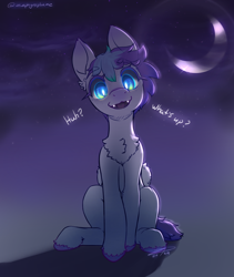 Size: 1600x1900 | Tagged: safe, artist:zephyrsplume, imported from derpibooru, oc, oc only, oc:sweetcloud, bat pony, hybrid, pegasus, pony, bat pony oc, bat wings, colored hooves, crescent moon, dark background, dialogue, fangs, glowing, glowing eyes, head tilt, hybrid oc, moon, sitting, solo, wings