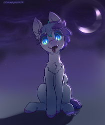 Size: 1600x1900 | Tagged: safe, alternate version, artist:zephyrsplume, imported from derpibooru, oc, oc only, oc:sweetcloud, bat pony, hybrid, pegasus, pony, bat pony oc, bat wings, colored hooves, crescent moon, dark background, fangs, glowing, glowing eyes, head tilt, hybrid oc, moon, sitting, solo, tongue out, wings