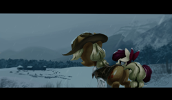 Size: 2725x1588 | Tagged: safe, artist:brainr0tter, imported from derpibooru, apple bloom, applejack, earth pony, pony, clothes, duo, grass, hat, mountain, scenery, snow, snowfall, vest, winter