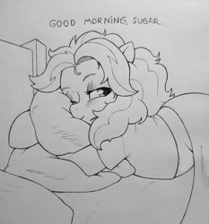 Size: 3034x3256 | Tagged: safe, artist:public mistake, imported from derpibooru, oc, oc only, oc:beach love, earth pony, pony, bed, female, grayscale, looking at you, mare, monochrome, morning ponies, one eye closed, pencil drawing, pillow, smiling, smiling at you, solo, talking to viewer, traditional art