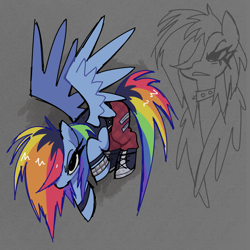 Size: 2048x2048 | Tagged: safe, artist:syrupyyy, imported from derpibooru, rainbow dash, pegasus, pony, alternate design, alternate eye color, alternate hair color, belt, big eyes, black sclera, blue coat, bracelet, clothes, collar, duality, dyed mane, dyed tail, female, flying, frown, gray background, hair over one eye, in air, jewelry, lidded eyes, long eyelashes, long mane, long tail, looking at you, mare, messy mane, messy tail, multicolored hair, multicolored mane, multicolored tail, narrowed eyes, no mouth, pants, punk, rainbow hair, rainbow tail, raised hoof, shiny mane, shiny tail, shoes, simple background, sketch, sneakers, solo, spiked collar, spread wings, studded bracelet, tail, tanktop, thick eyelashes, wall of tags, wingding eyes, wings, wings down