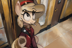 Size: 768x512 | Tagged: safe, artist:yidwags, imported from derpibooru, oc, oc only, oc:belle hop, earth pony, pony, bellhop, cigarette, eye clipping through hair, eyebrows, eyebrows visible through hair, female, high angle, looking up, mare, solo