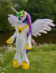 Size: 981x1280 | Tagged: safe, artist:atalonthedeer, artist:dairishgoat, imported from derpibooru, princess celestia, alicorn, fursuit, irl, jewelry, outdoors, photo, ponysuit, regalia, solo, spread wings, wings