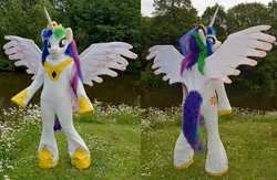 Size: 1024x668 | Tagged: safe, artist:atalonthedeer, artist:dairishgoat, imported from derpibooru, princess celestia, alicorn, fursuit, irl, jewelry, outdoors, photo, ponysuit, regalia, solo, spread wings, wings