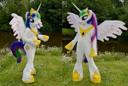 Size: 1024x690 | Tagged: safe, artist:atalonthedeer, artist:dairishgoat, imported from derpibooru, princess celestia, alicorn, fursuit, irl, jewelry, outdoors, photo, ponysuit, regalia, solo, spread wings, wings