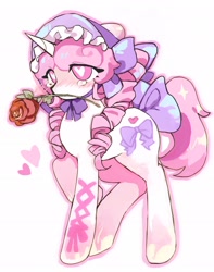 Size: 1614x2048 | Tagged: safe, artist:jojofassbender, imported from derpibooru, oc, oc only, pony, unicorn, blushing, bonnet, bow, drill hair, female, flower, hair bow, heart, heart eyes, horn, mare, mouth hold, rose, simple background, tail, tail bow, teary eyes, white background, wingding eyes