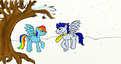 Size: 750x399 | Tagged: safe, artist:aynstainxpenelope, imported from derpibooru, rainbow dash, soarin', pegasus, pony, female, male, mare, mistletoe, shipping, snow, soarindash, stallion, straight, winter