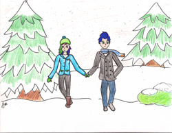 Size: 749x580 | Tagged: safe, artist:aynstainxpenelope, imported from derpibooru, rainbow dash, soarin', human, female, holding hands, humanized, male, shipping, snow, soarindash, straight, winter