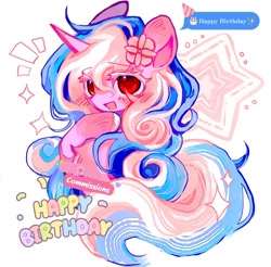 Size: 2048x2016 | Tagged: safe, artist:jojofassbender, imported from derpibooru, oc, oc only, pony, unicorn, commission, female, flower, flower in hair, happy birthday, horn, mare, solo