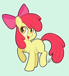 Size: 834x910 | Tagged: safe, artist:czscribbles, imported from derpibooru, apple bloom, earth pony, pony, adorabloom, cute, female, filly, foal, light blue background, open mouth, raised hoof, simple background, solo