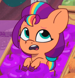 Size: 485x498 | Tagged: safe, imported from derpibooru, screencap, sunny starscout, earth pony, pony, spoiler:g5, spoiler:my little pony: tell your tale, spoiler:tyts01e63, animated, baby, baby pony, cute, female, filly, filly sunny starscout, foal, food, fruit, g5, gif, mane stripe sunny, my little pony: tell your tale, nightmare nightmarket, sunnybetes, tongue out, younger