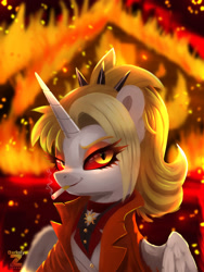 Size: 1800x2400 | Tagged: safe, artist:darksly, imported from derpibooru, oc, oc only, oc:dyx, alicorn, earth pony, cigarette, clothes, commission, female, filly, fire, foal, high res, jacket, lidded eyes, looking at you, smiling, smiling at you, solo