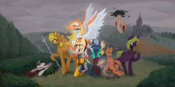 Size: 3000x1500 | Tagged: safe, artist:anastas, imported from derpibooru, daybreaker, oc, oc:aegida, oc:flashfire, oc:hauffgeiser, oc:nox terrorem, oc:scarlet flair, oc:spoofee goods, oc:sun spear, alicorn, bat, earth pony, pegasus, pony, unicorn, armor, armored pony, bag, blushing, book, bottle, bush, castle, choker, clothes, cloud, cloudy, commission, detailed background, dollar sign, drugs, drunk, ear blush, ear piercing, ethereal mane, ethereal tail, eyelashes, female, floppy ears, flying, folded wings, forest, glasses, hangover, high res, horn, jewelry, lidded eyes, lying down, magic, male, mane of fire, mare, money, money bag, nature, necklace, piercing, prone, raised hoof, shield, sitting, smiling, spear, spiked choker, spirit, spread wings, stallion, standing, sternocleidomastoid, sword, tail, tree, upside down, wall of tags, weapon, wine bottle, wings