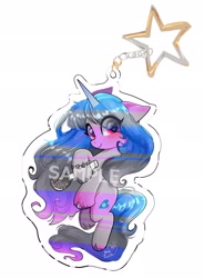 Size: 1504x2048 | Tagged: safe, artist:petaltwinkle, imported from derpibooru, izzy moonbow, pony, unicorn, eye clipping through hair, female, floppy ears, g5, horn, keychain, looking at you, mare, simple background, smiling, smiling at you, solo, text, white background, wip