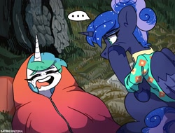 Size: 2560x1950 | Tagged: safe, artist:udara, imported from derpibooru, princess celestia, princess luna, alicorn, pony, between dark and dawn, season 9, spoiler:s09, clothes, duo, duo female, female, hawaiian shirt, horn, mare, open mouth, pillow, shirt, sleeping, sleeping bag, snoring, tail, wings, worried