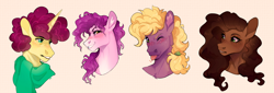 Size: 2804x948 | Tagged: safe, artist:traceofstardust, imported from derpibooru, oc, oc:bread basket, oc:honeymoon appleslice, oc:ryegrass, oc:southern bravado, earth pony, pony, unicorn, blushing, bust, ear fluff, female, freckles, grin, horn, looking at you, male, mare, next generation, offspring, one eye closed, parent:applejack, parent:big macintosh, parent:sugar belle, parent:trouble shoes, parent:troubleshoes clyde, parents:sugarmac, parents:troublejack, ponytail, portrait, simple background, smiling, stallion, tongue out, wink, winking at you