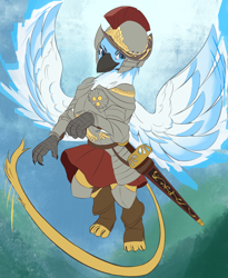 Size: 1800x2200 | Tagged: safe, artist:fly over, imported from derpibooru, oc, griffon, armor, female, flying, griffon oc, helmet, sword, weapon