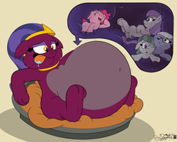 Size: 4000x3200 | Tagged: safe, artist:rupert, imported from derpibooru, limestone pie, marble pie, maud pie, pinkie pie, sphinx (character), earth pony, pony, sphinx, behaving like a cat, belly, belly button, big belly, butt, cute, drool, egyptian, egyptian headdress, endosoma, eyes closed, fat, female, food, frown, lidded eyes, lying down, mare, missing accessory, non-fatal vore, on back, one eye closed, pale belly, pi day, pie, pie sisters, pie tin, pinkie prey, plot, prone, purring, siblings, signature, simple background, sisters, sphinxdorable, squishy, stomach, tongue out, vore