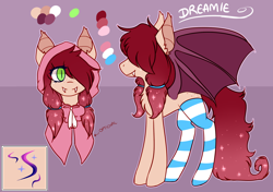 Size: 1700x1200 | Tagged: safe, artist:amiicommissions, imported from derpibooru, oc, oc:dreamie, bat pony, pony, clothes, female, mare, reference sheet, socks, solo, striped socks