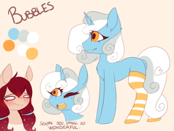 Size: 1600x1200 | Tagged: safe, artist:amiicommissions, imported from derpibooru, oc, oc only, oc:bubbles, oc:dreamie, pony, unicorn, clothes, female, horn, mare, reference sheet, socks, striped socks