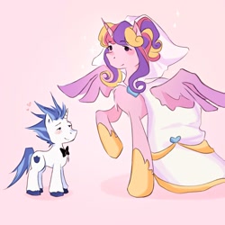 Size: 1280x1280 | Tagged: safe, artist:laaawin, imported from derpibooru, princess cadance, shining armor, alicorn, pony, unicorn, 2024, alternate hairstyle, blushing, bowtie, clothes, dot eyes, dress, duo, duo male and female, female, floating heart, heart, height difference, hoof shoes, horn, larger female, male, mare, meme, messy mane, princess shoes, raised hoof, redraw, shiningcadance, shipping, size difference, smaller male, smiling, sparkles, spread wings, stallion, straight, tail, the bride and the ugly ass groom, toy interpretation, unshorn fetlocks, veil, wedding dress, wedding veil, wings