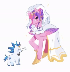 Size: 2014x2048 | Tagged: safe, artist:yemcbear, imported from derpibooru, princess cadance, shining armor, alicorn, pony, unicorn, 2024, alternate hairstyle, blush scribble, blushing, bowtie, clothes, dialogue, dress, duo, duo male and female, female, folded wings, heart, heart eyes, height difference, hoof shoes, horn, horn ring, jewelry, larger female, lidded eyes, male, mare, meme, messy mane, messy tail, princess shoes, raised hoof, redraw, ring, shiningcadance, shipping, simple background, size difference, smaller male, smiling, sparkles, speech bubble, stallion, straight, tail, the bride and the ugly ass groom, toy interpretation, unshorn fetlocks, veil, wedding dress, wedding veil, white background, wingding eyes, wings