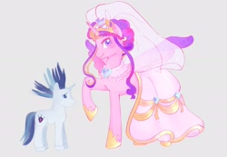 Size: 2048x1414 | Tagged: safe, artist:abby_magica, imported from derpibooru, princess cadance, shining armor, alicorn, pony, unicorn, 2024, alternate hairstyle, blushing, clothes, crown, dress, duo, duo male and female, female, gray background, height difference, hoof shoes, horn, horn ring, jewelry, larger female, male, mare, meme, messy mane, princess shoes, raised hoof, redraw, regalia, ring, shiningcadance, shipping, simple background, size difference, smaller male, smiling, spread wings, stallion, straight, tail, the bride and the ugly ass groom, toy interpretation, unshorn fetlocks, veil, wedding dress, wedding veil, wings