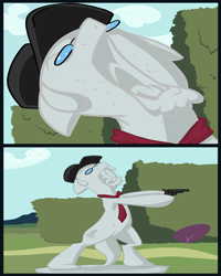 Size: 2000x2500 | Tagged: safe, artist:cornofthebreads, imported from derpibooru, earth pony, pony, comic, facial hair, glasses, gun, hat, high res, male, necktie, nostalgia critic, petrification, ponified, solo, stallion, tgwtg, weapon