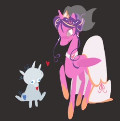 Size: 2039x2048 | Tagged: safe, artist:baby_parmezan, imported from derpibooru, princess cadance, shining armor, alicorn, pony, unicorn, 2024, alternate hairstyle, bald, brown background, choker, clothes, crown, dress, duo, duo male and female, female, floating heart, folded wings, heart, height difference, hoof shoes, horn, jewelry, larger female, male, mare, meme, messy tail, princess shoes, raised hoof, redraw, regalia, shiningcadance, shipping, simple background, sitting, size difference, smaller male, stallion, straight, tail, the bride and the ugly ass groom, tongue out, toy interpretation, veil, wedding dress, wedding veil, wings