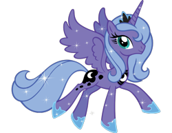 Size: 2048x1583 | Tagged: safe, imported from derpibooru, princess luna, alicorn, pony, female, hoof shoes, horn, jewelry, looking at you, mare, official, peytral, princess shoes, s1 luna, simple background, solo, sparkles, spread wings, stock vector, tiara, transparent background, wings, zazzle