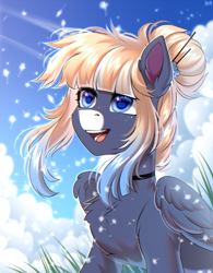 Size: 2600x3335 | Tagged: safe, artist:hakaina, imported from derpibooru, oc, oc only, oc:kimono silk, pegasus, pony, choker, cute, female, freckles, gradient mane, hair bun, happy, mare, open mouth, pegasus oc, pretty, solo, wings