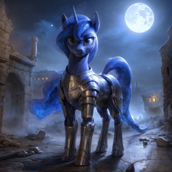 Size: 2048x2048 | Tagged: safe, imported from derpibooru, princess luna, alicorn, pony, ai content, ai generated, armor, moon, moonlight, night, prompter:jasedward, ruins, solo, town