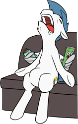 Size: 371x592 | Tagged: safe, artist:whitequartztheartist, imported from derpibooru, oc, oc only, oc:white quartz, pegasus, pony, belly, chips, food, potato chips, pringles, round belly, simple background, sleeping, snoring, solo, tea, transparent background, wing hands, wing hold, wings