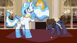 Size: 4141x2330 | Tagged: safe, artist:dumbwoofer, imported from derpibooru, oc, oc:milei, oc:princess argenta, alicorn, earth pony, pony, argentina, bowing, building, clothes, duo, ear fluff, eyes closed, female, flag, hoof over mouth, javier milei, male, mare, nation ponies, ponified, raised hoof, scarf, smiling, socks, staff, stallion