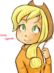 Size: 595x795 | Tagged: safe, artist:mewmewkittenfire, imported from derpibooru, applejack, human, freckles, hat, howdy, humanized, simple background, solo, white background