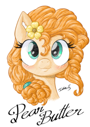 Size: 2481x3508 | Tagged: safe, artist:memprices, imported from derpibooru, pear butter, earth pony, pony, bangs, blushing, bust, colored, curly mane, female, flower, flower in hair, front view, high res, looking at you, mare, pencil drawing, ponytail, portrait, simple background, smiling, smiling at you, solo, traditional art, white background