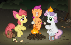 Size: 952x600 | Tagged: safe, artist:alevgor, imported from derpibooru, apple bloom, scootaloo, sweetie belle, earth pony, pegasus, pony, unicorn, apple core, bag, campfire, crossbow, cutie mark crusaders, eating, fire, food, herbivore, horn, marshmallow, on fire, saddle bag, this will end in tears and/or death and/or covered in tree sap, weapon