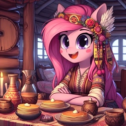 Size: 1024x1024 | Tagged: safe, imported from derpibooru, pinkie pie, anthro, ai content, ai generated, blini, butter, food, pancakes, shrovetide, slavic, solo